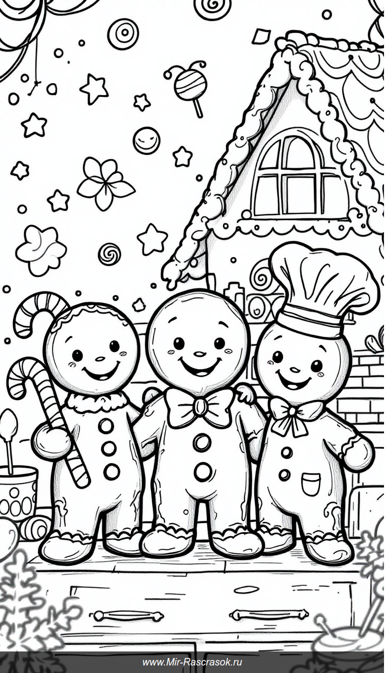 Радостные пряничные друзья для раскрашивания в уютной кухне