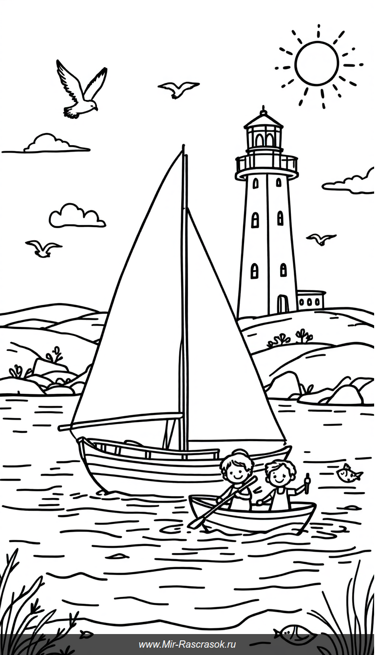 Детская раскраска: дружелюбный морской порт с парусником и маяком
