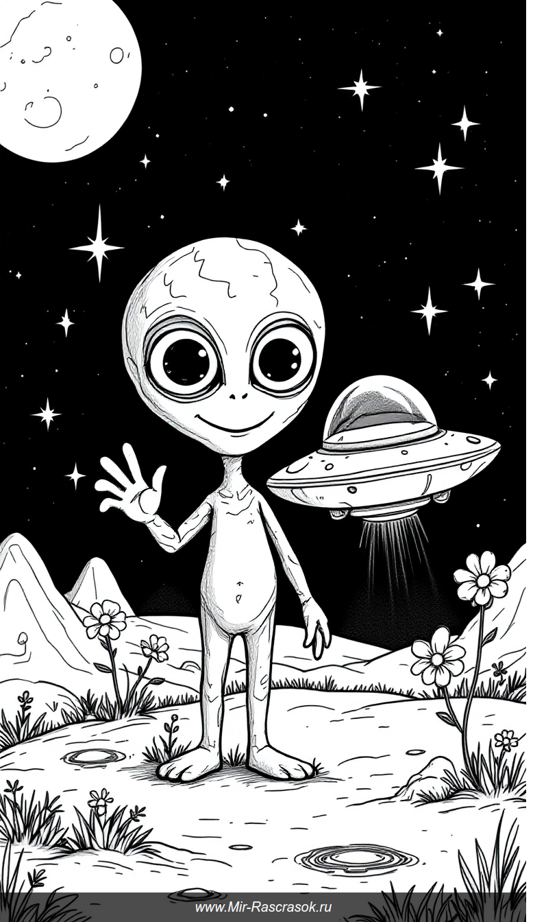 Дружелюбный пришелец и НЛО в раскраске для детей из космической сказки