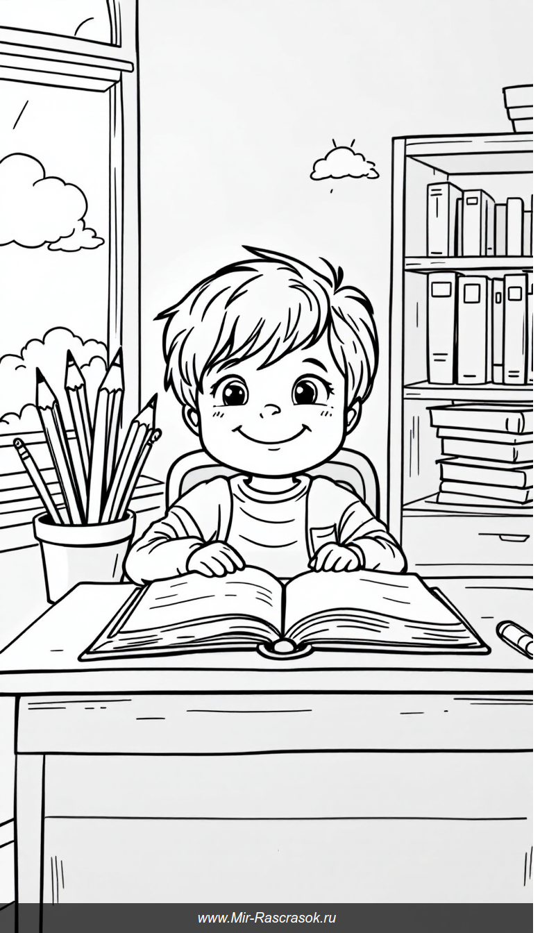 Веселая классная сцена для раскрашивания: ребенок, книги и солнечное окно