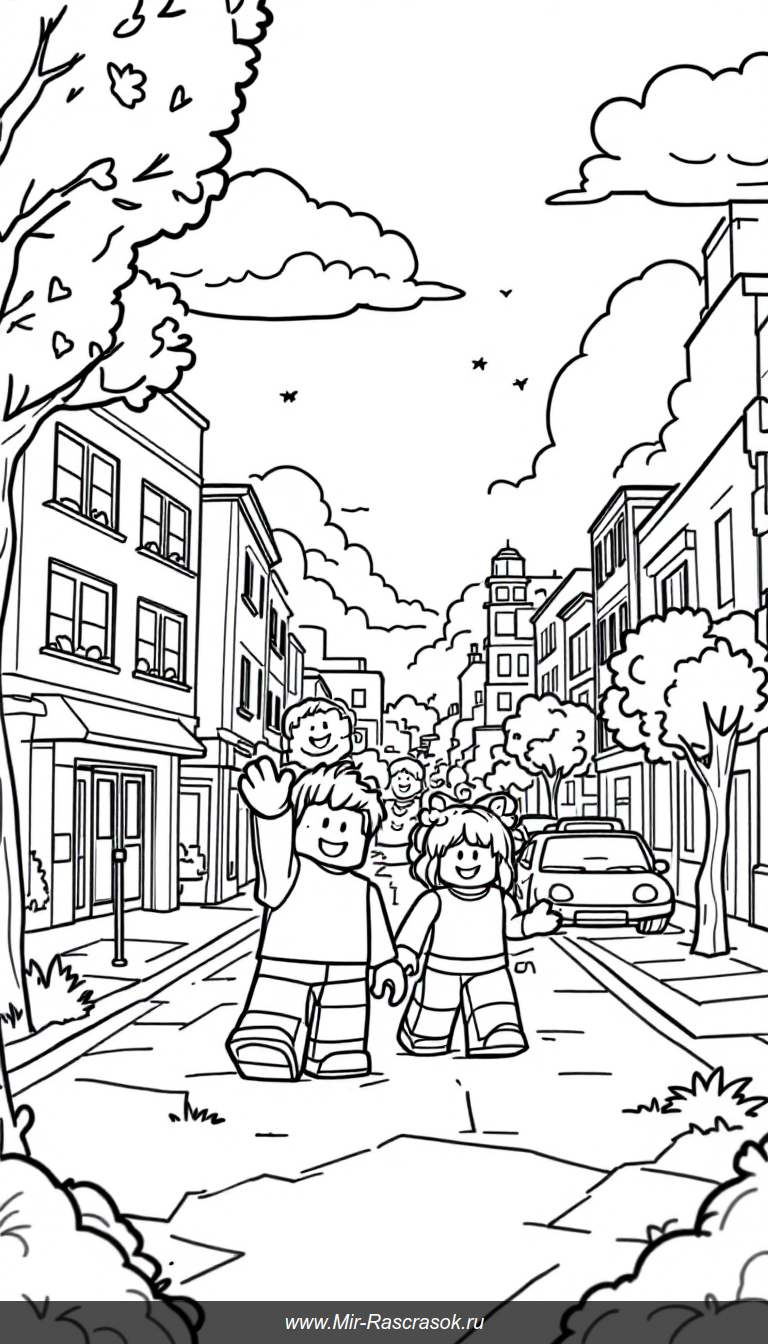 Добро пожаловать в дружный город Roblox Детская раскраска с простыми формами и весёлыми героями