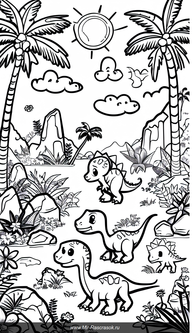 Раскраска с милыми динозавриками в доисторическом лесу под ярким солнцем