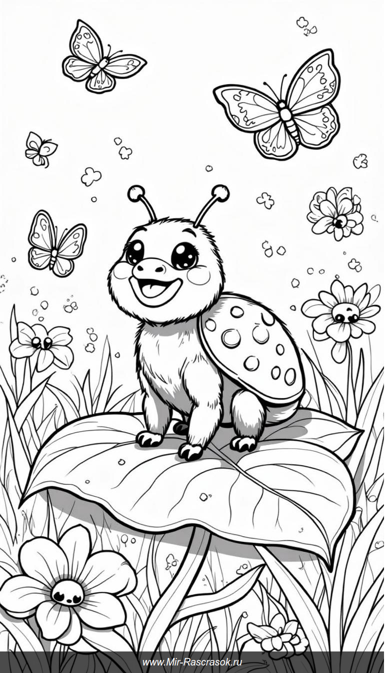 Веселая божья коровка в раскраске