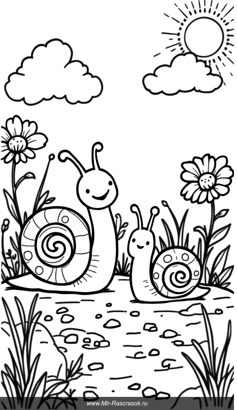 Раскраска с двумя дружелюбными улитками в солнечном саду для детей