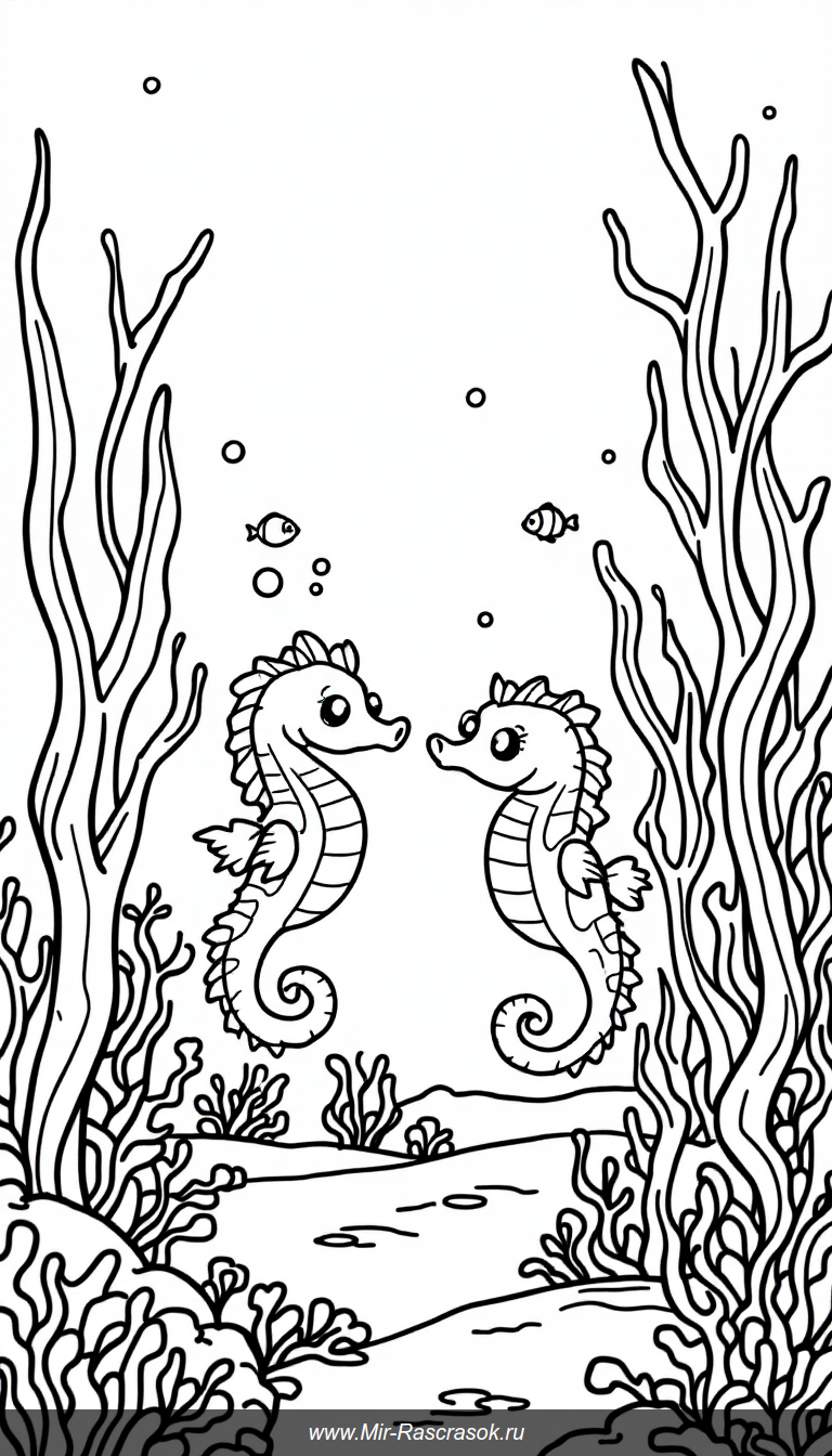 Погрузитесь в увлекательный мир морских коньков и кораллов в нашей новой раскраске для детей 🐠🐚 Весёлые морские коньки и красивые кораллы ждут юных художников для яркой раскраски 🎨 Отличный способ развивать творчество и знания о морском мире 🌊