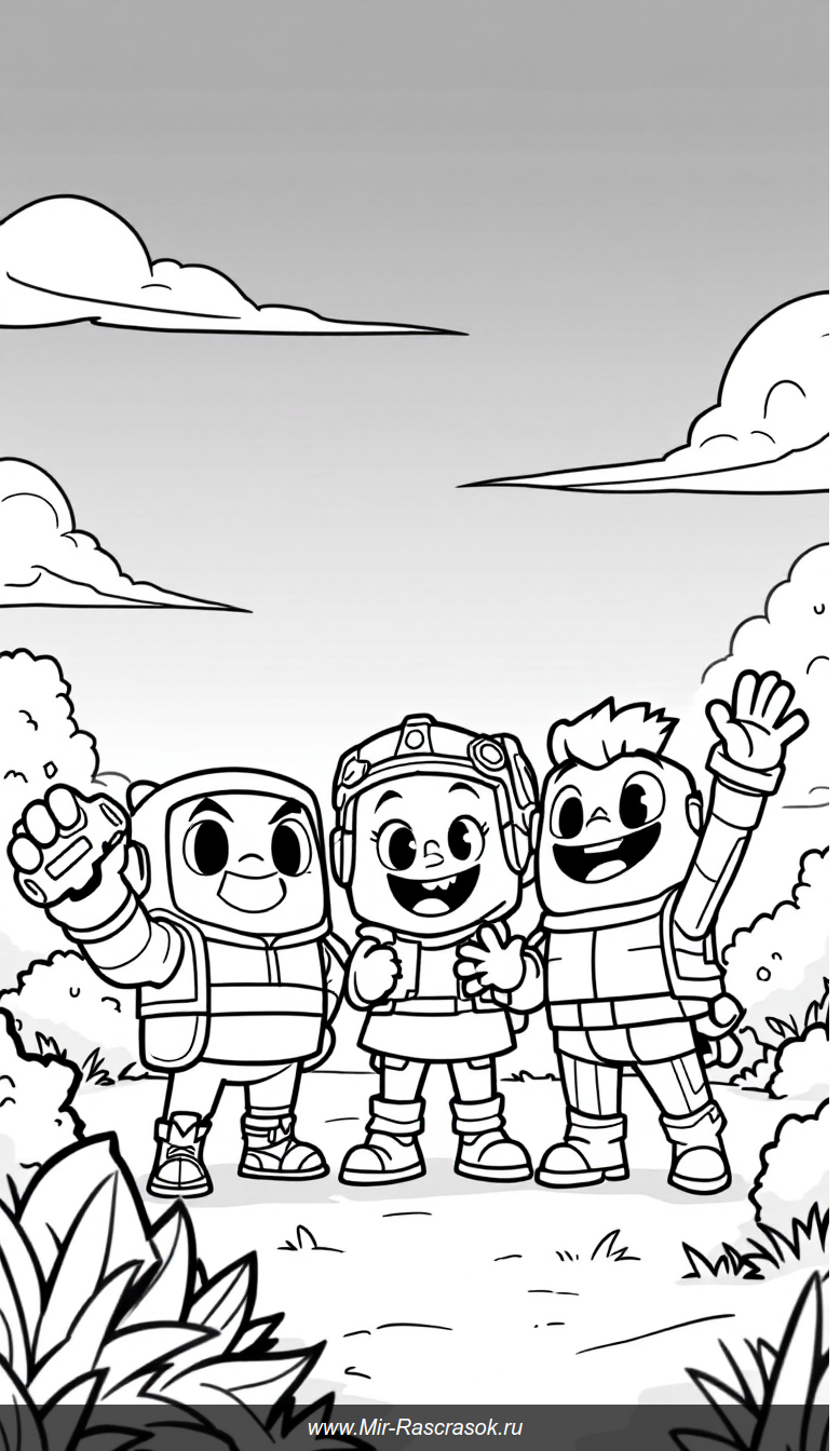 Веселая раскраска Brawl Stars с дружелюбными героями в ярком поле