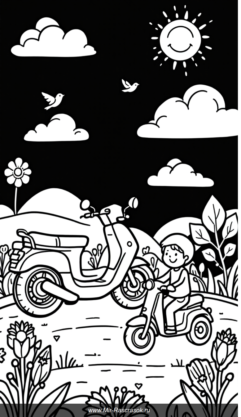 Веселая раскраска с мотоциклом самокатом и минибайком для детей