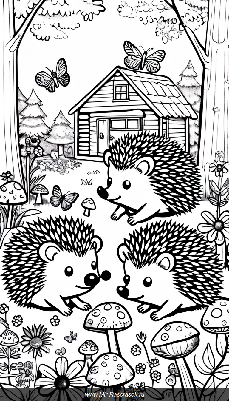 Три ёжика в лесной поляне раскраска для детей