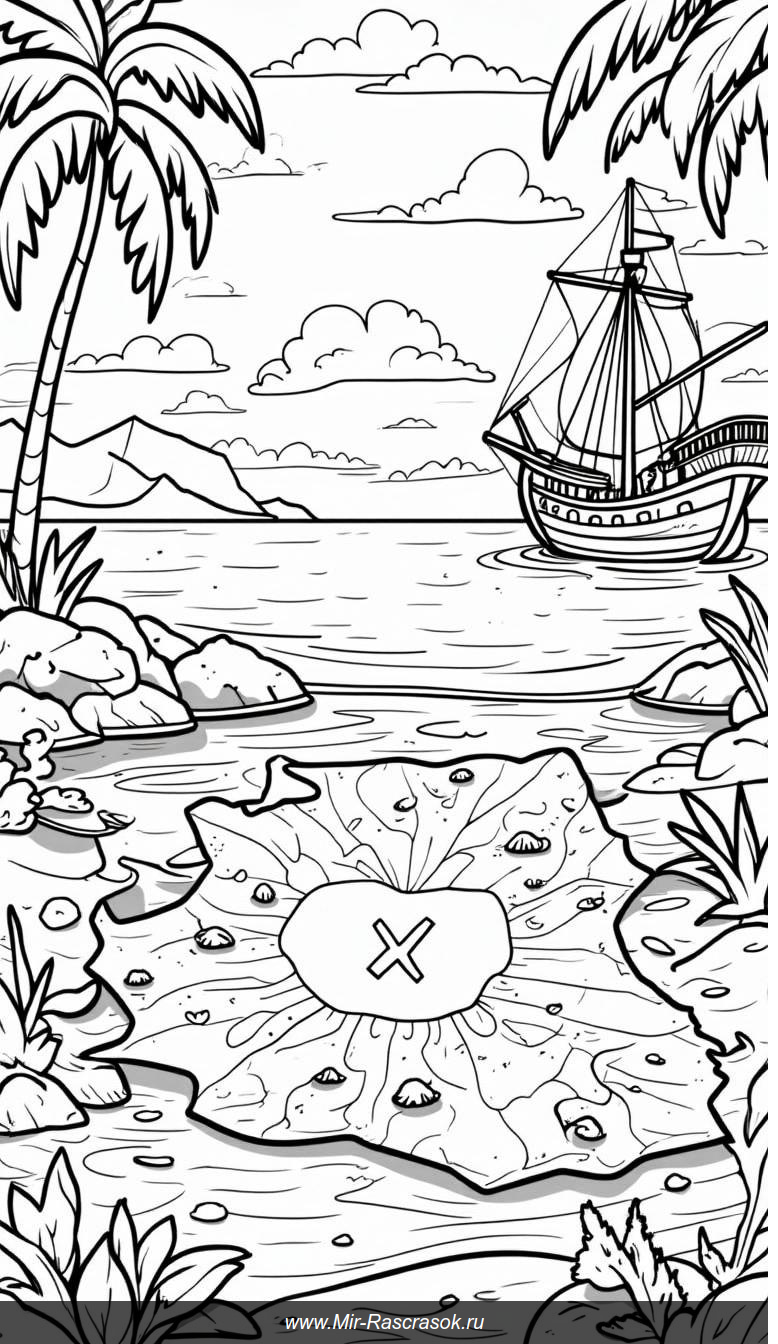 Раскраска Пиратская карта с сокровищами для детей