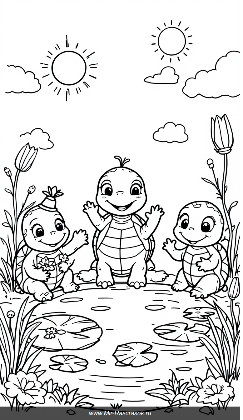 Веселые черепашки у пруда Раскраска для самых маленьких