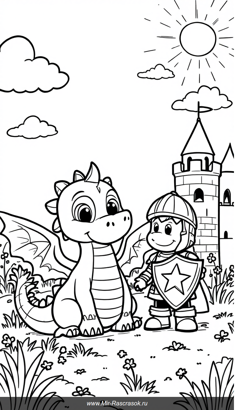 Дружелюбный дракон и смелый рыцарь в раскраске для детей
