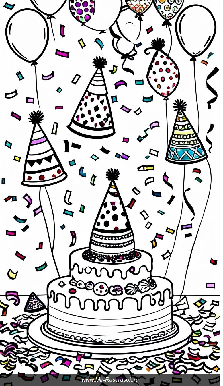 Раскраска с праздничной сценой: шапки, торт, шары и конфетти в черно-белом стиле