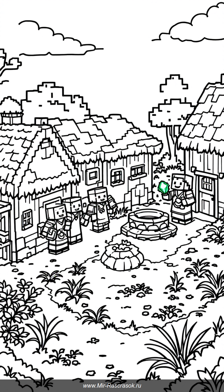 Погрузитесь в мир Майнкрафт с дружелюбными деревенскими жителями в их уютной деревне 🌾🏡 Здесь вы увидите простые дома 🏠, фермы с растениями 🌱 и улыбающихся персонажей в традиционной одежде 😊 Идеальный рисунок для детской раскраски с чёткими контурами для весёлого творчества 🎨✨