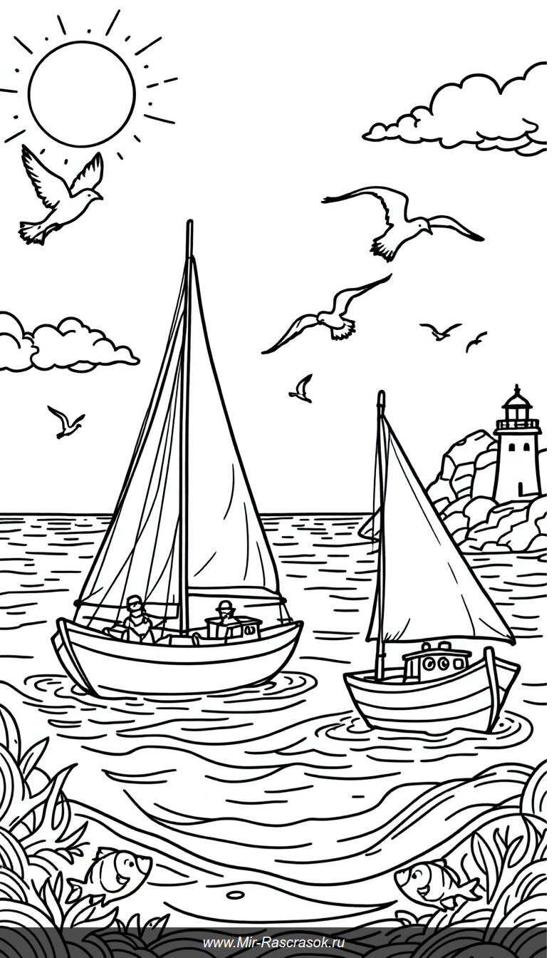 Весёлый порт для раскрашивания с парусником и маяком