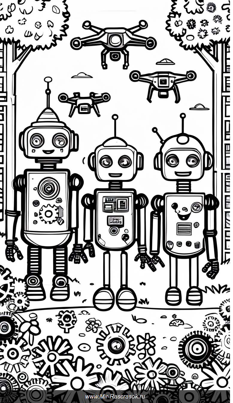 Три милых робота в футуристическом парке раскраска с цветами и дронами