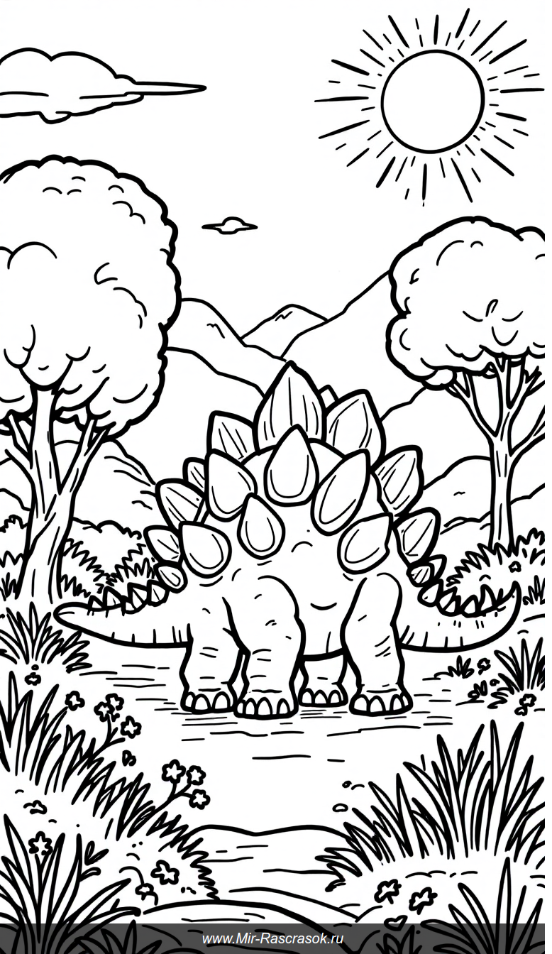 Весёлый стегозавр на раскраске в доисторическом пейзаже для детей