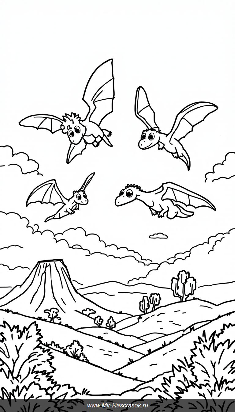 Раскраска для детей с дружелюбными птеродактилями в доисторическом ландшафте