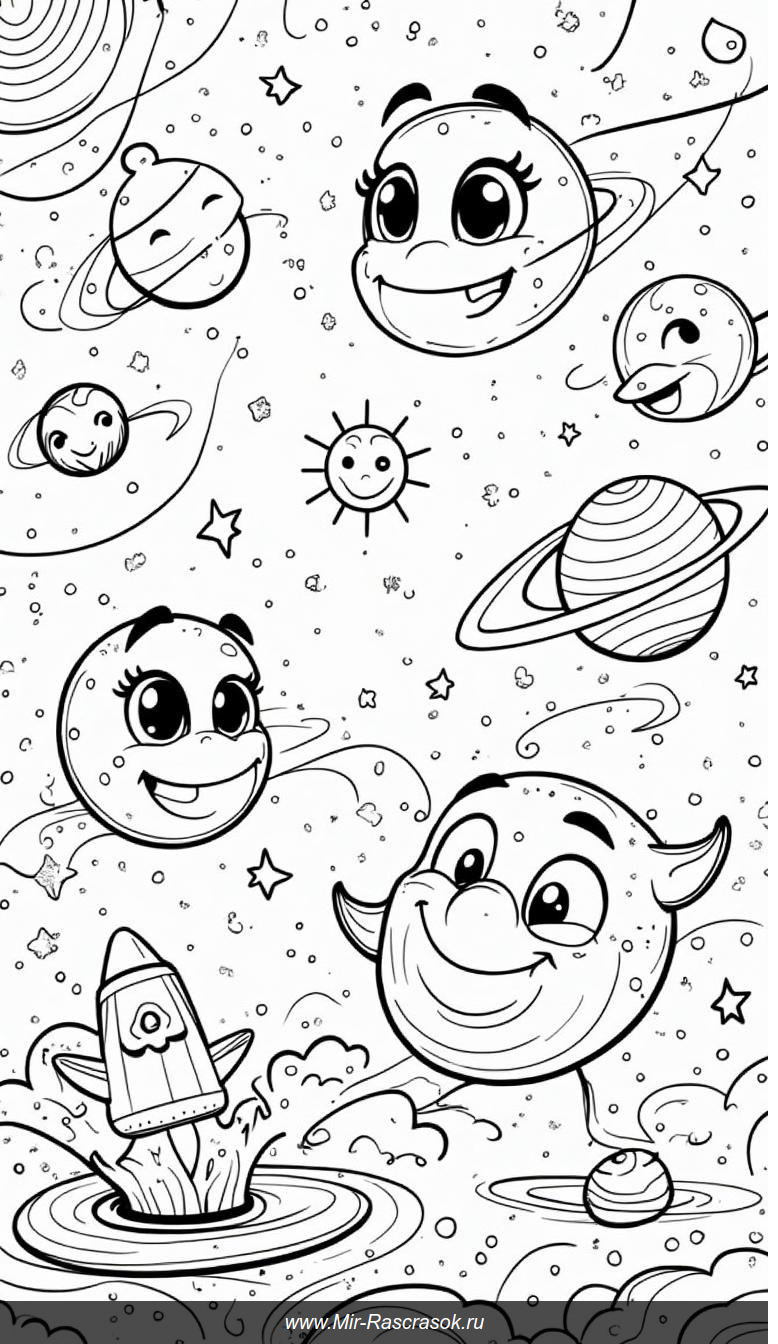 Раскраски для детей: волшебный солнечный мир с улыбающимися планетами