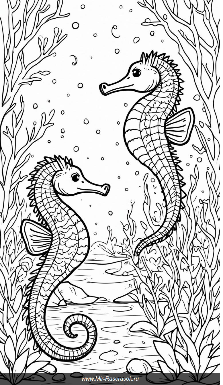 Раскраска подводного мира с игривыми морскими коньками
