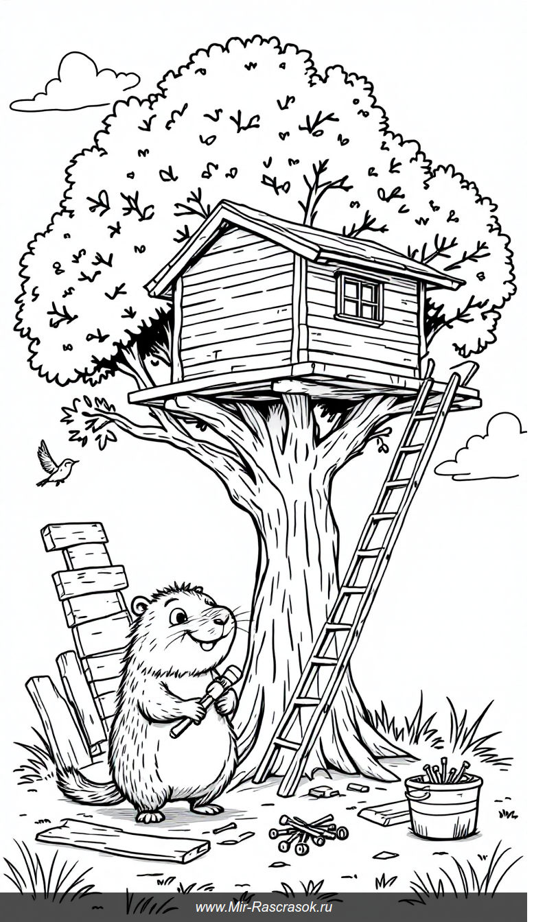 Дружелюбная капибара строит домик на дереве раскраска для детей
