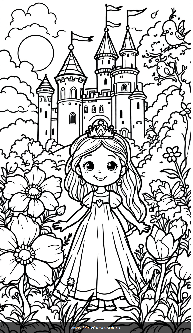 Раскраска с принцессой в саду замка веселое приключение