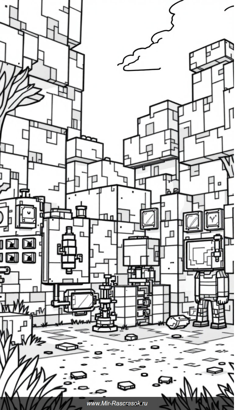 Раскраска Minecraft с друзьями строят простые схемы на редстоуне