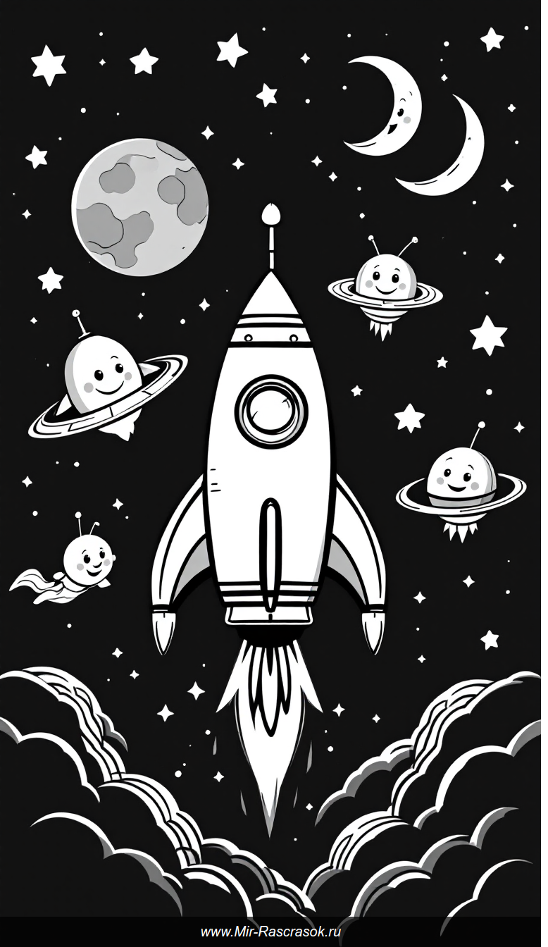Раскраска космос для детей с ракетой улыбающимися спутниками и луной