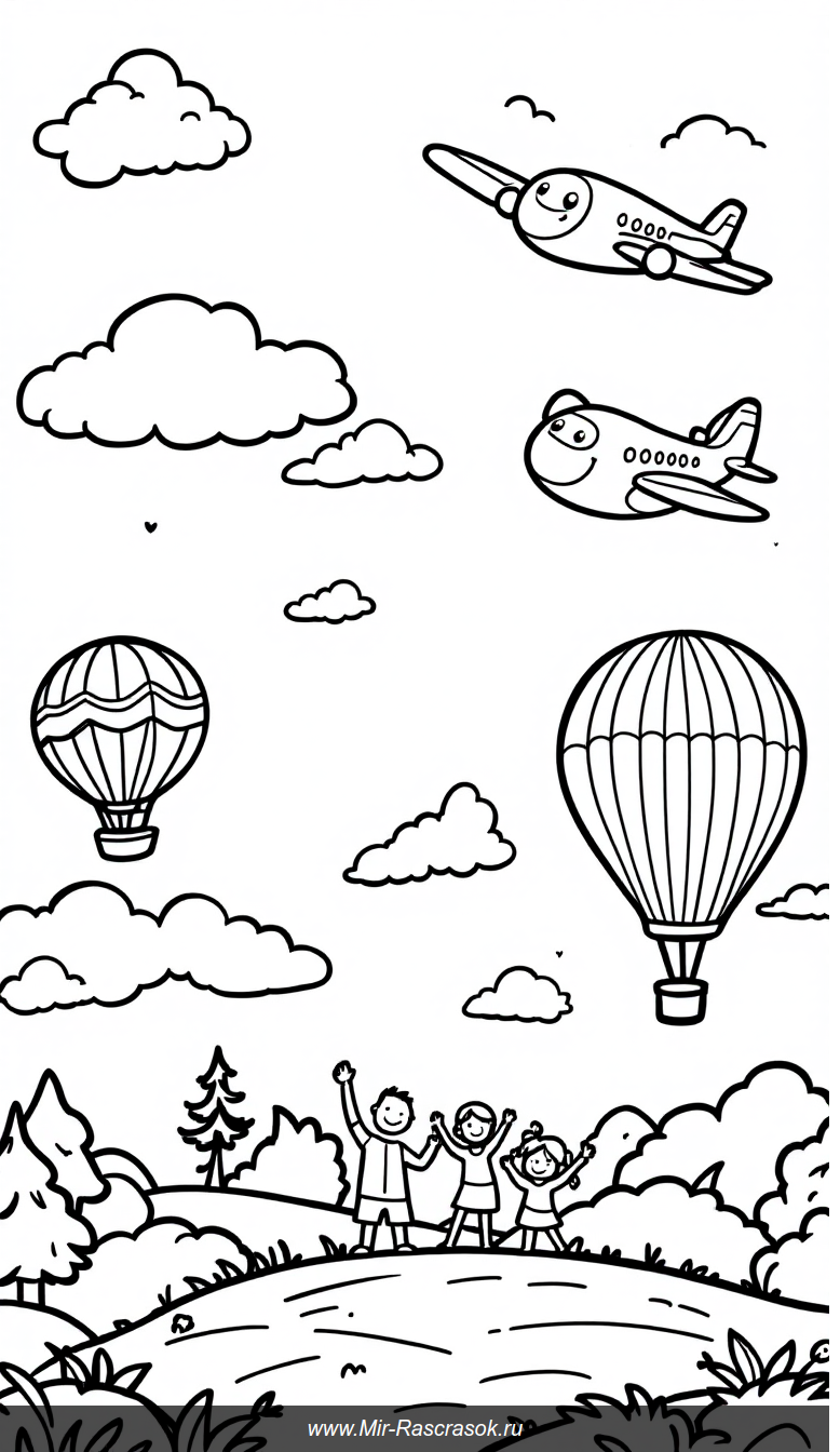 Весёлое небо с самолётами и воздушными шарами для детской раскраски