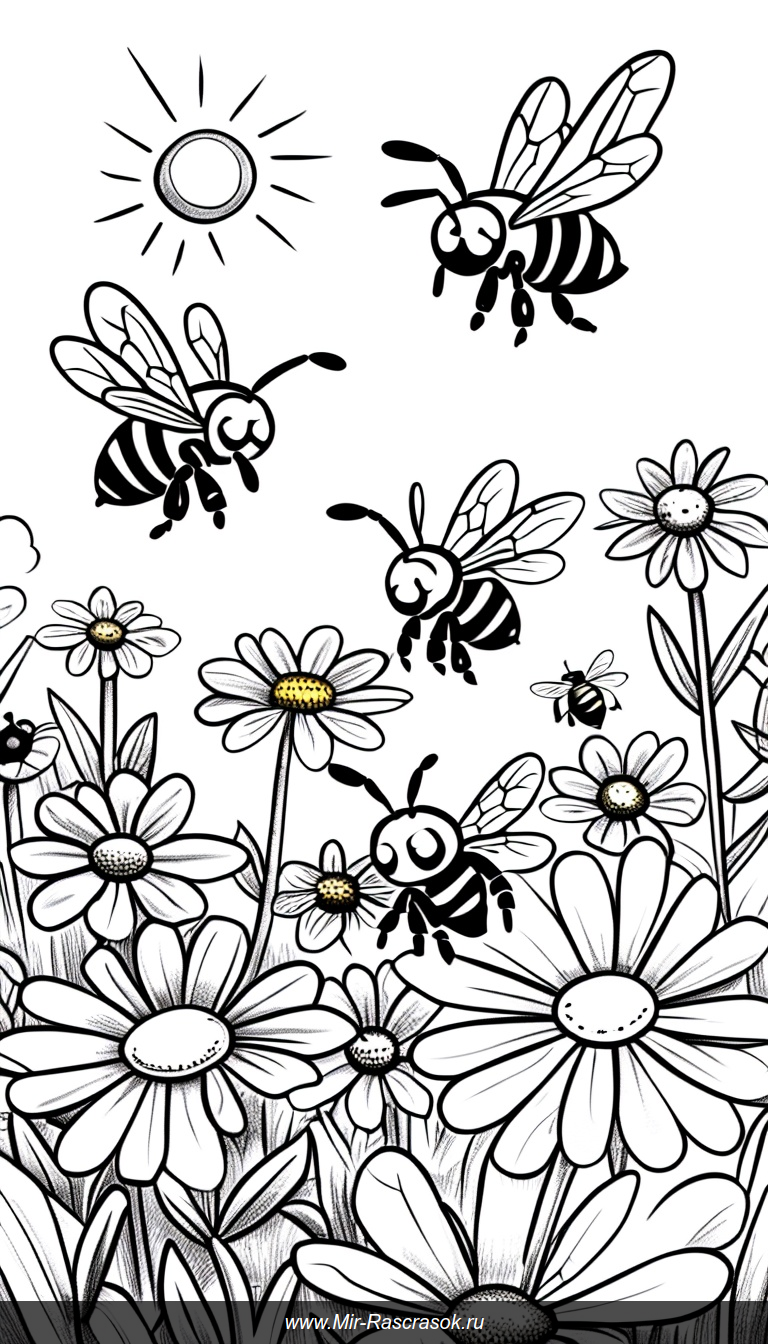 Веселая пчелиная жизнь на ярком цветущем лугу