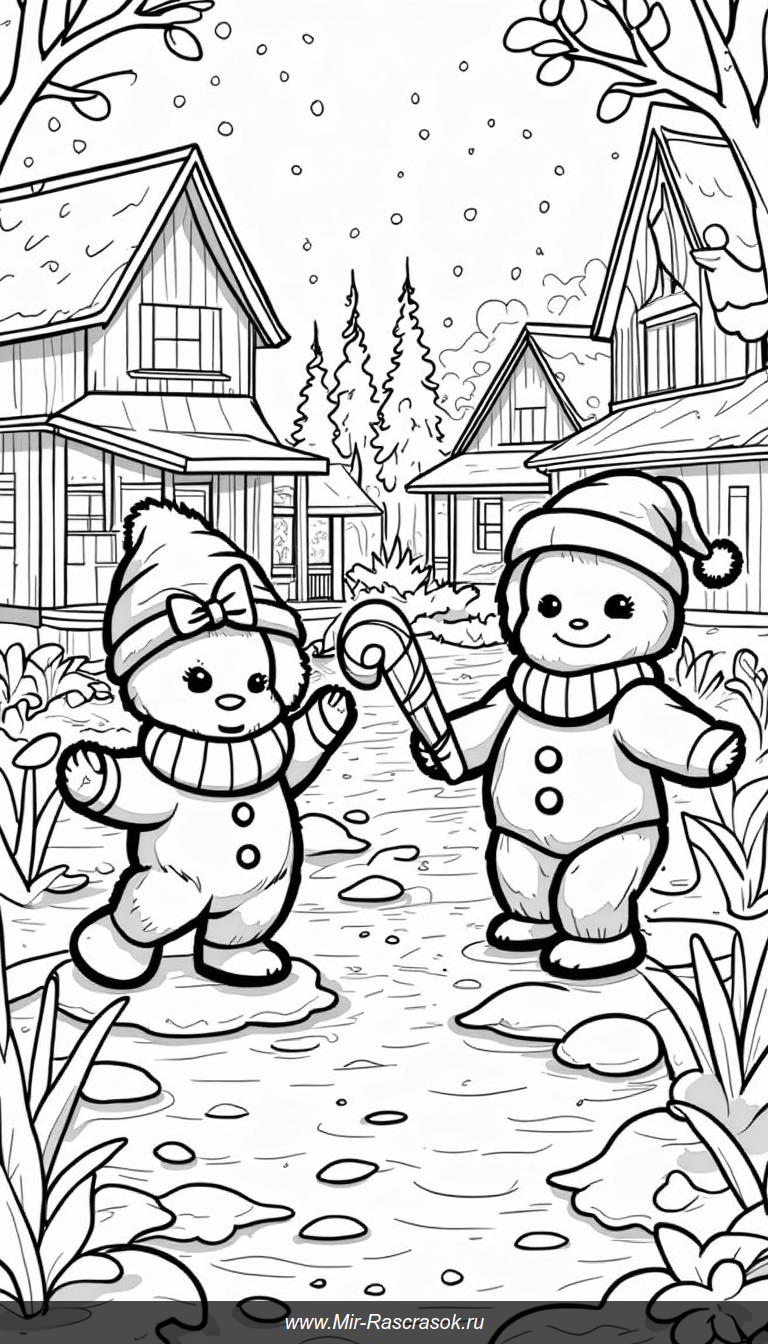 Весёлые пряничные друзья украшают зимнюю деревню