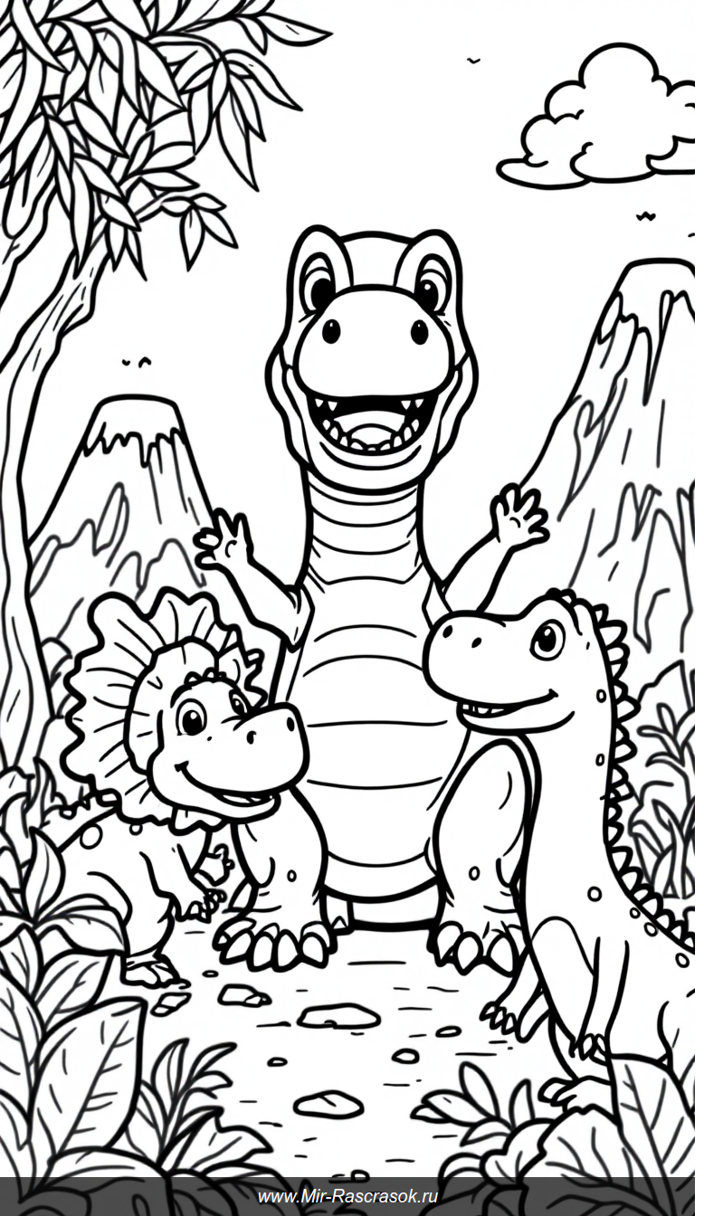 Дружелюбные динозавры в доисторическом парке для раскраски