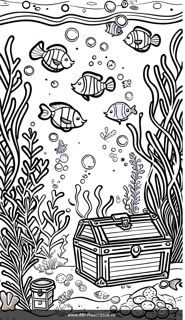 Подводный мир для раскрашивания Игры рыб и сокровища в одном рисунке