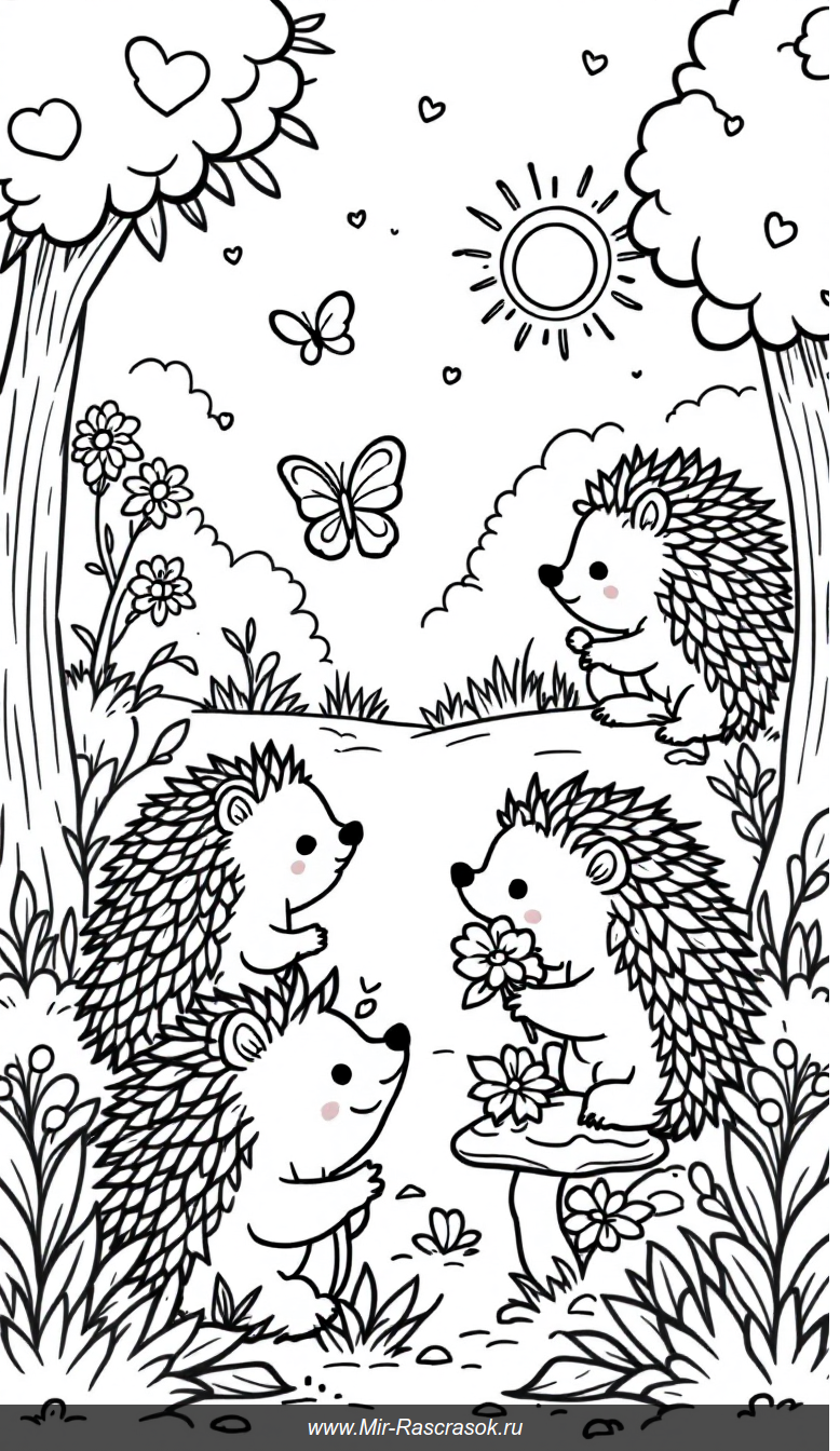 Веселые ежики в солнечном лесу раскраска для детей