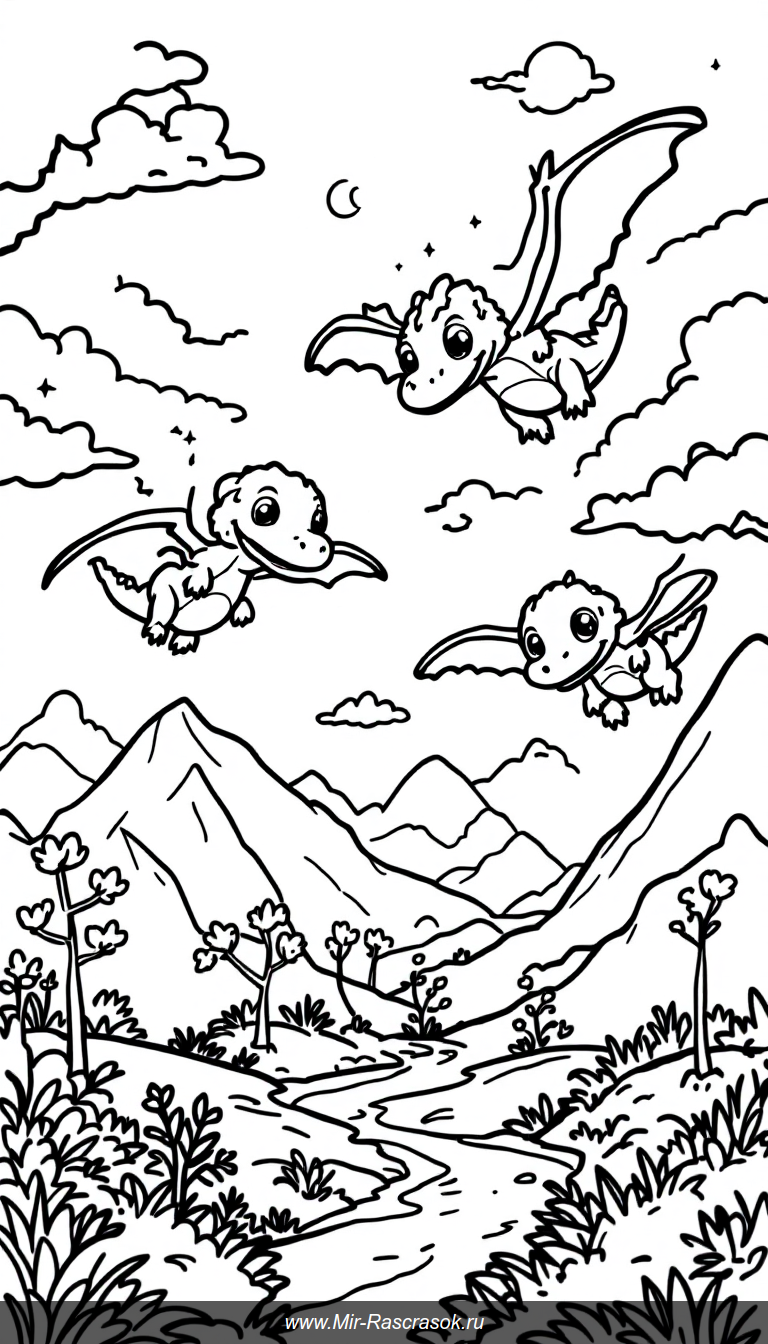 Познакомьтесь с летающими птеродактелями в нашей раскраске 🦖🖍️ Простые и дружелюбные фигуры для детского творчества помогут развить моторику и фантазию 🌈 Раскрашивайте птеродактелей в яркие цвета и отправляйтесь в доисторическое приключение вместе с нами 🌟