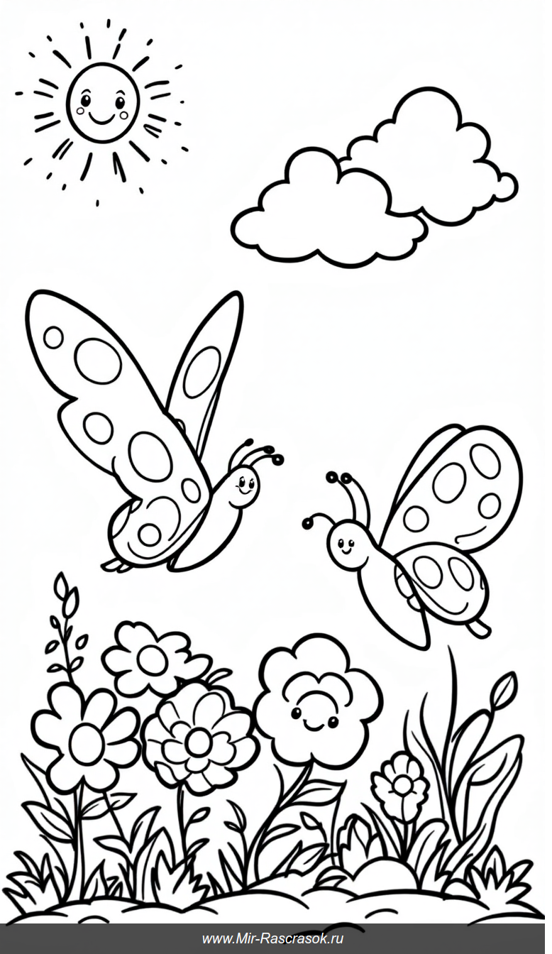 Дружелюбный сад для раскрашивания с бабочками и улыбающимися цветами