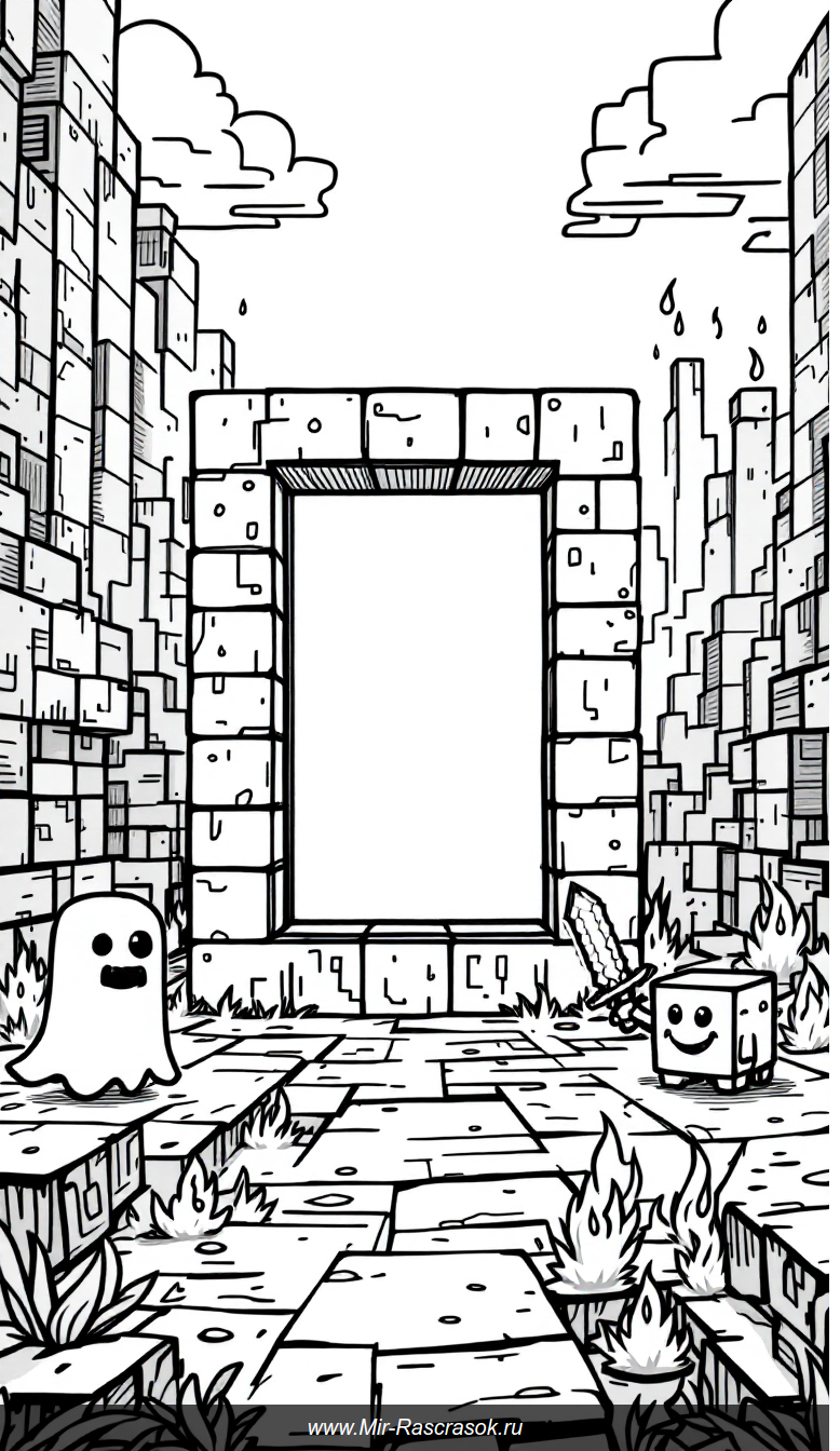 Раскраска с порталом в Нижнем мире и дружелюбными существами Minecraft