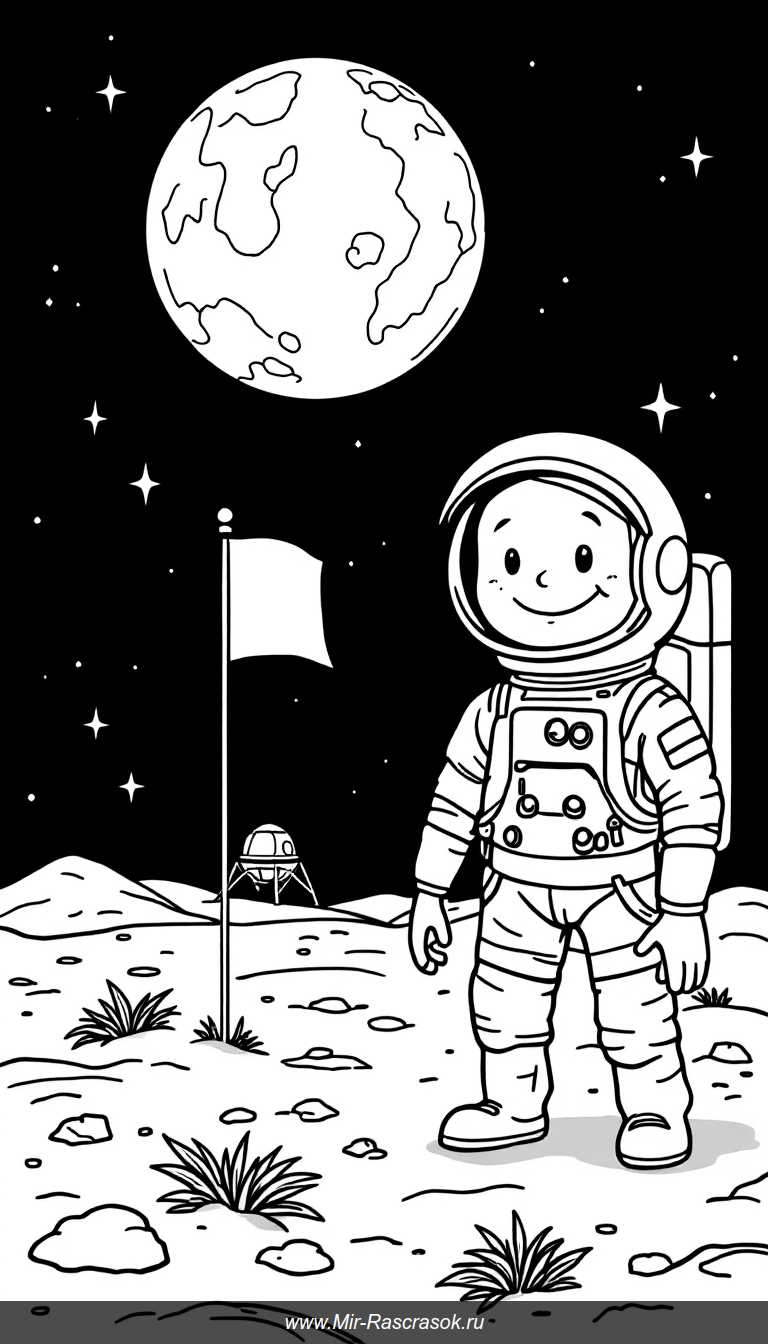 Весёлое первое приземление на Луну для детской раскраски