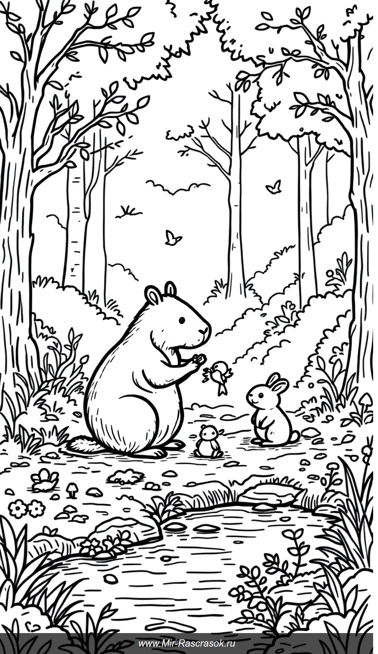 Дружба и забота в лесной поляне раскраска для детей