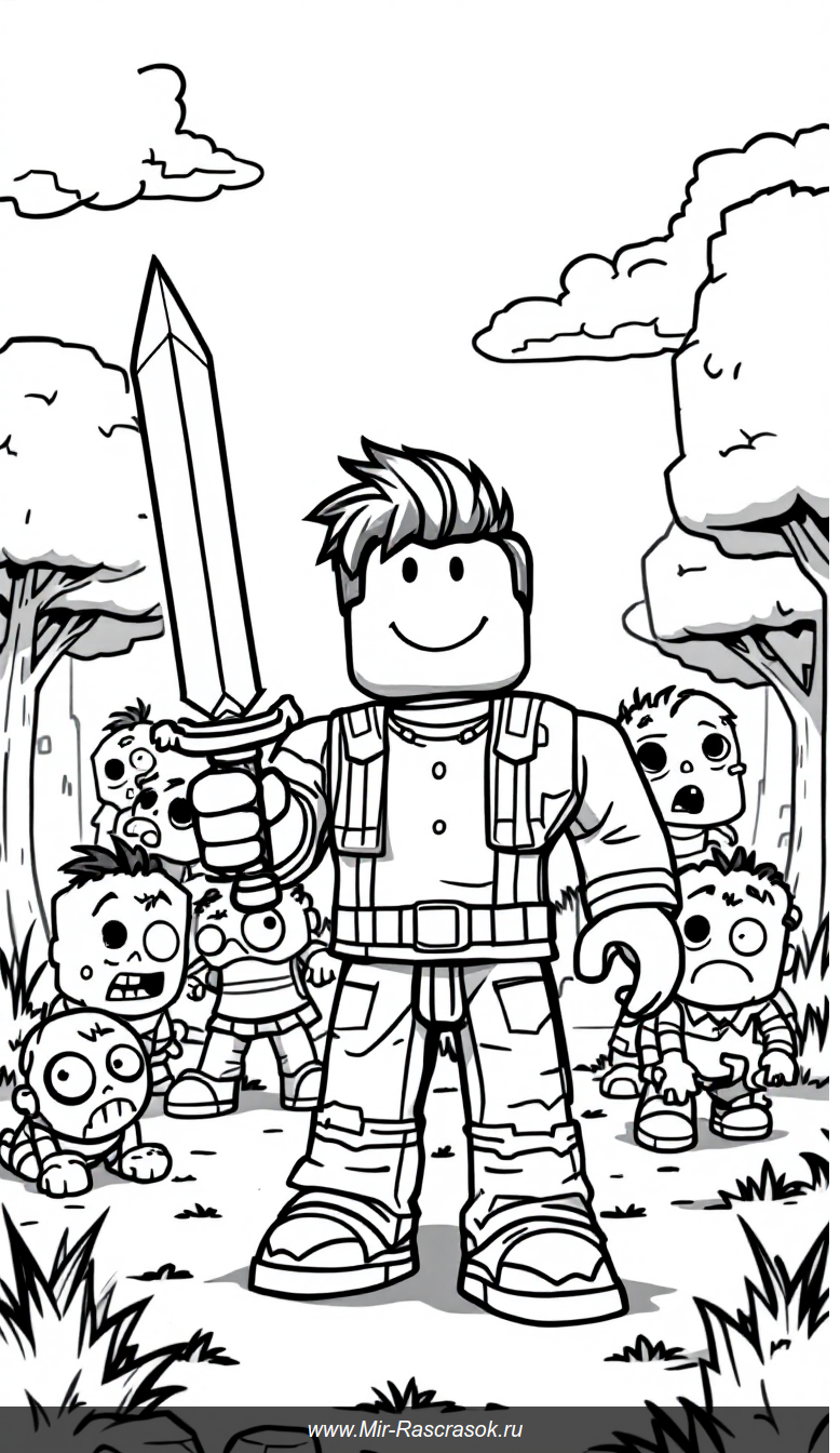 Дружелюбный Roblox против забавных мультяшных зомби для раскраски детей
