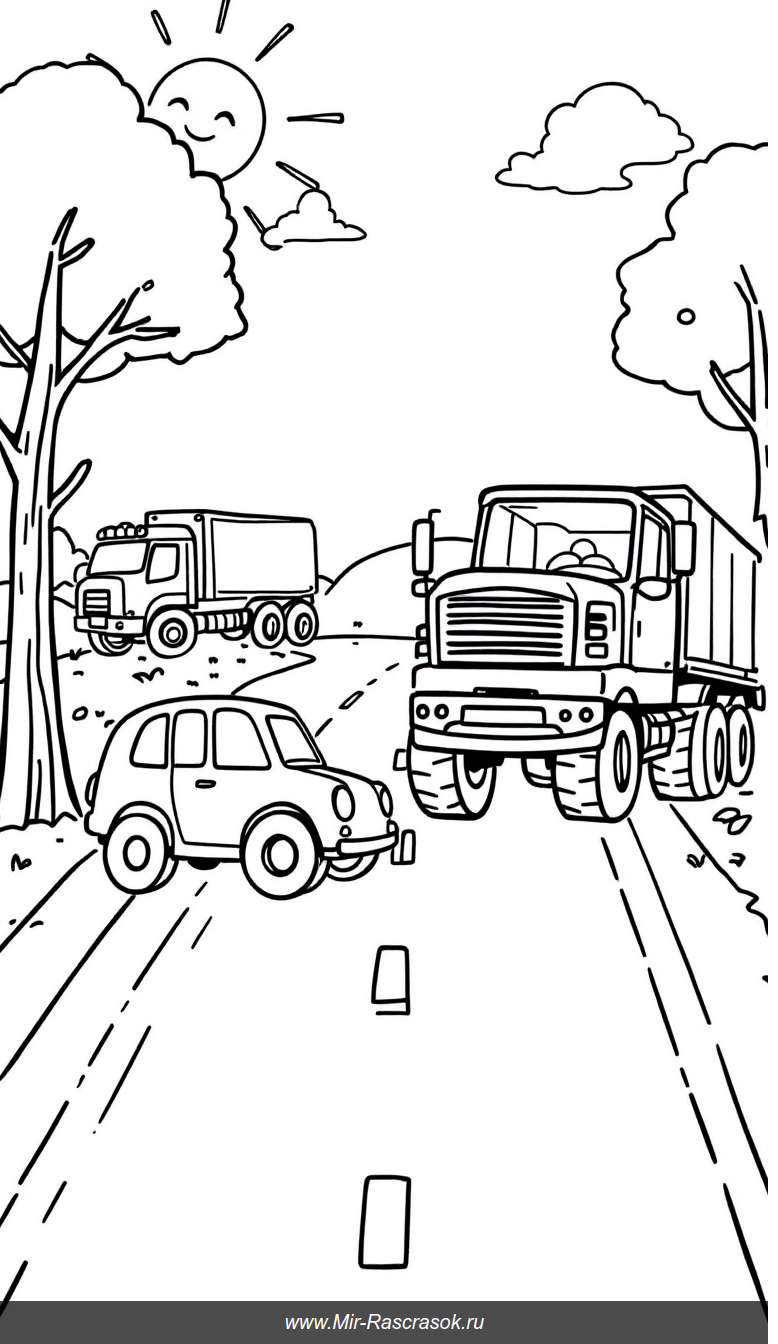 Раскраска с машинами и грузовиками на весёлой дороге для малышей