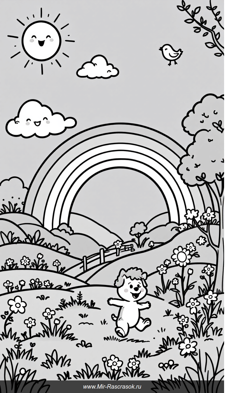 Радужная раскраска с веселыми детьми и забавным щенком для малышей