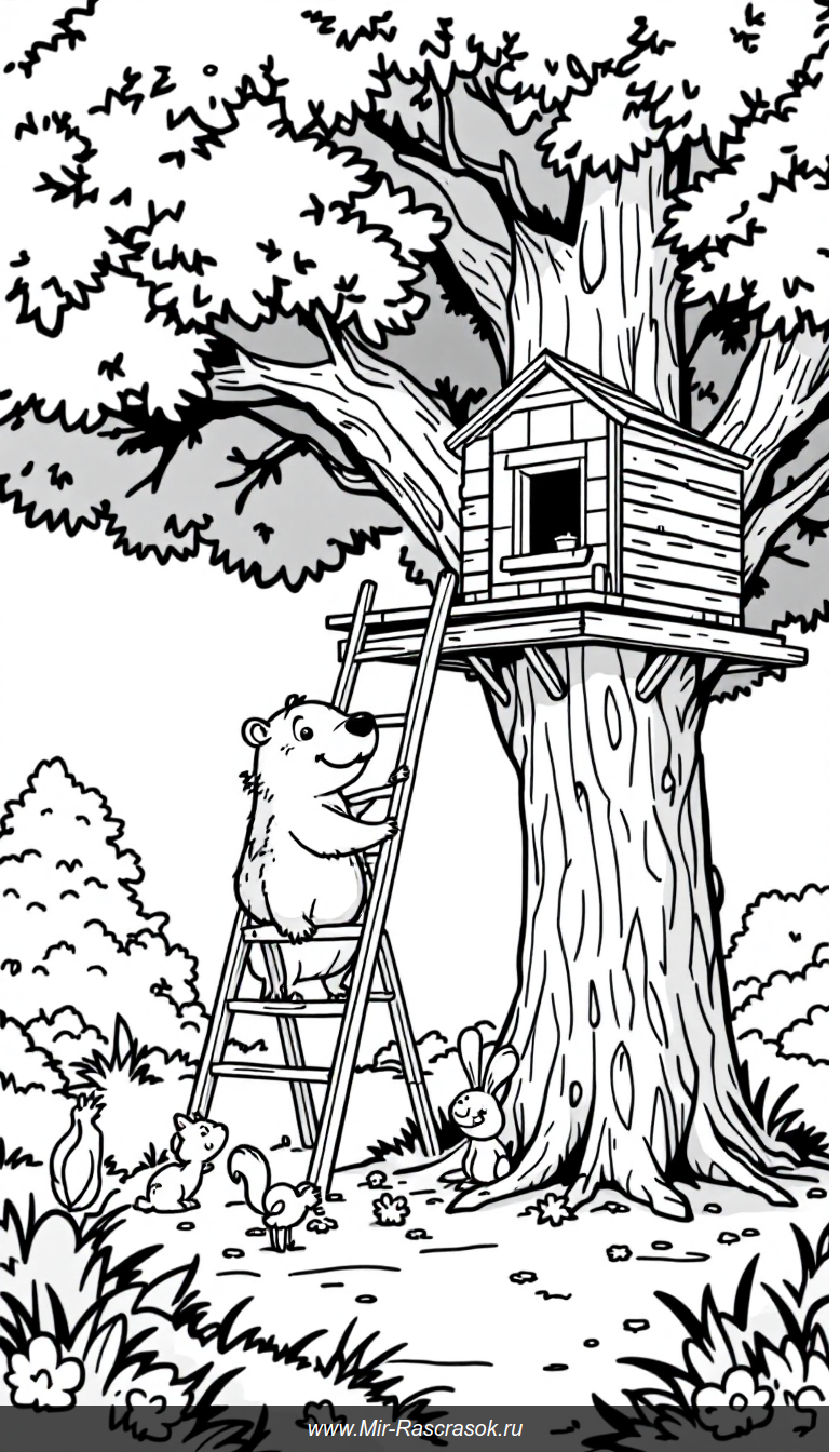 Веселая капибара строит домик на дереве в лесу для детей раскраска