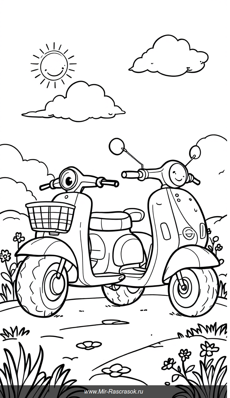Веселый мотоцикл и дружелюбный скутер в раскраске для детей