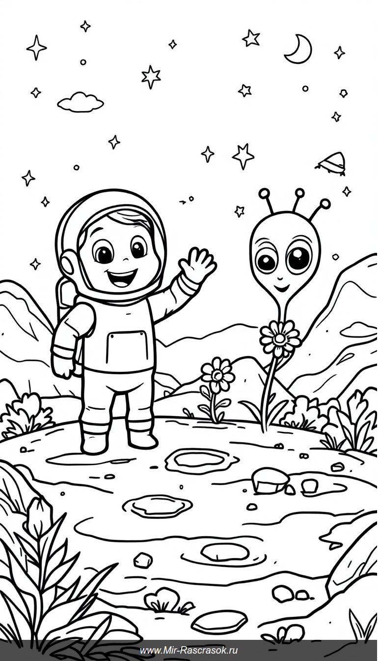 Дружелюбное космическое приключение раскраска для юных исследователей
