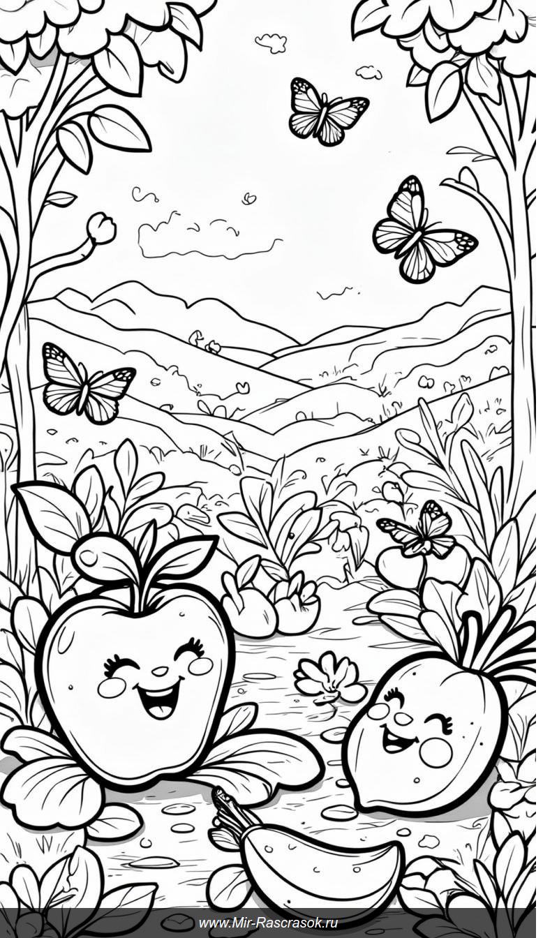 Раскрашиваем вместе: улыбающиеся фрукты и овощи