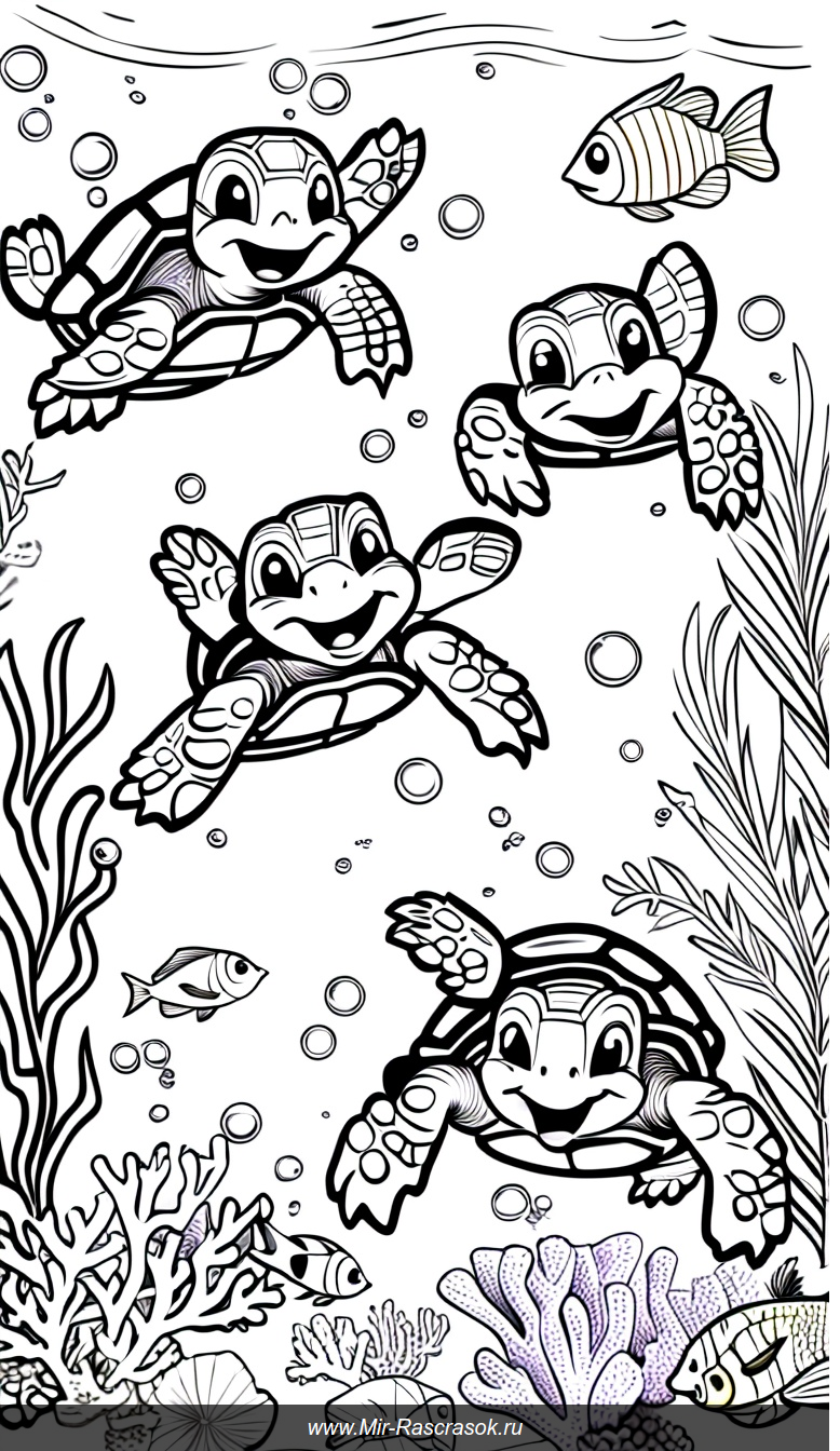 Веселые черепашки и радостные рыбки в подводной раскраске