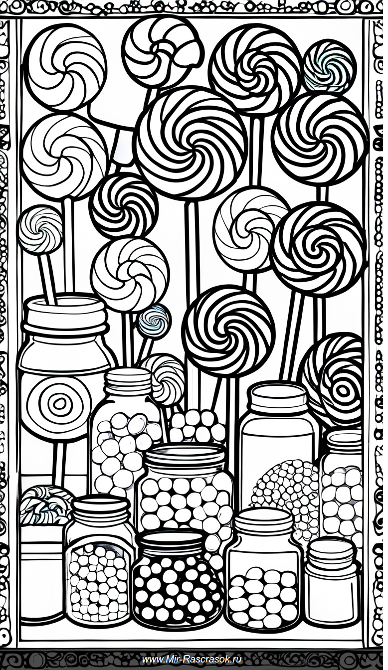 Раскраска с огромными леденцами и сладостями в волшебном магазине конфет
