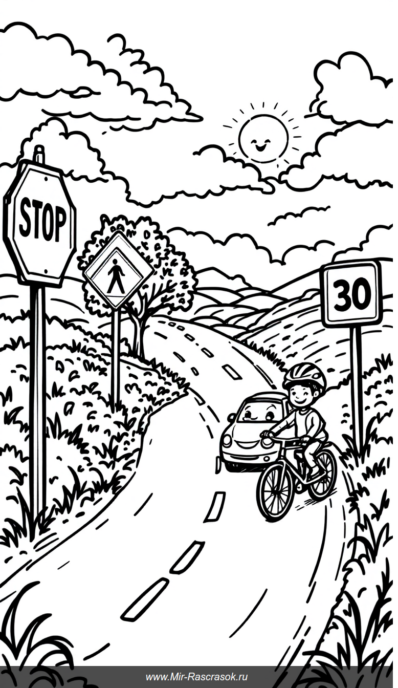 Детская раскраска дорога и дорожные знаки для безопасных поездок