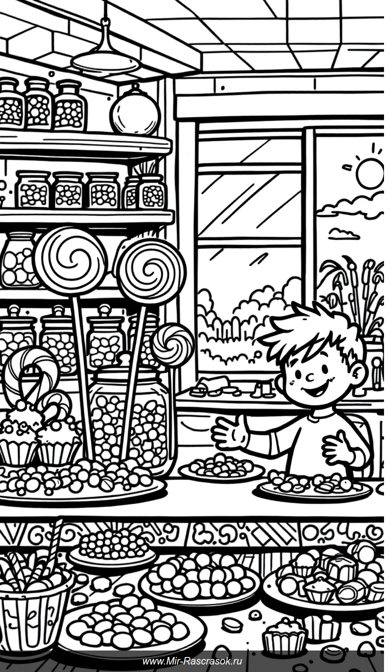 Веселый день в магазине сладостей раскраска для детей