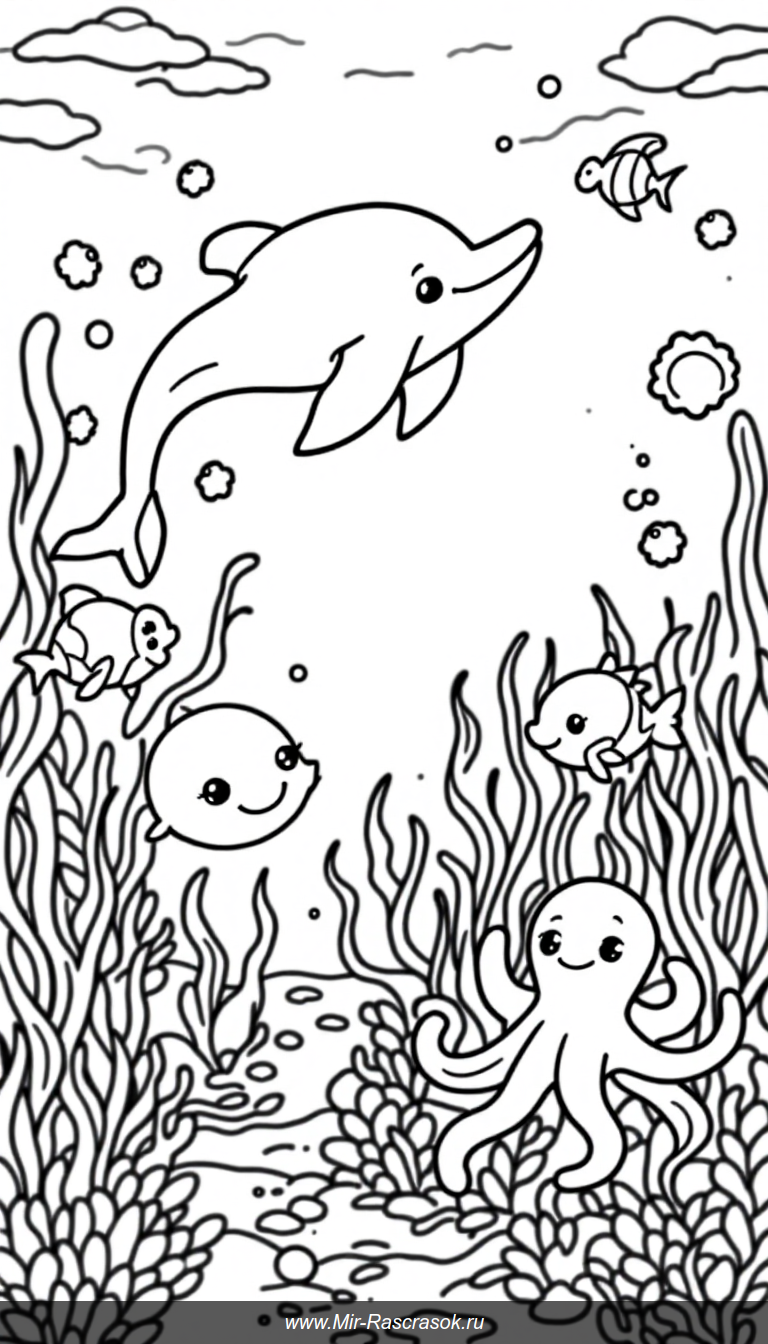 Подводные друзья для детской раскраски